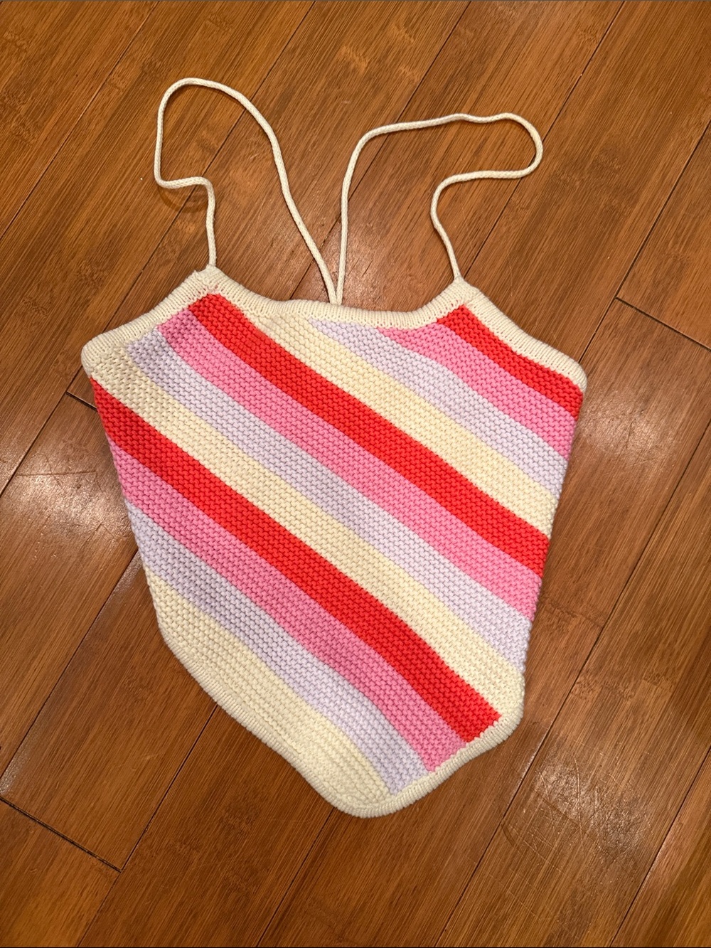 Striped Knit Crop Top with Spaghetti Straps - Multi Pink/Red